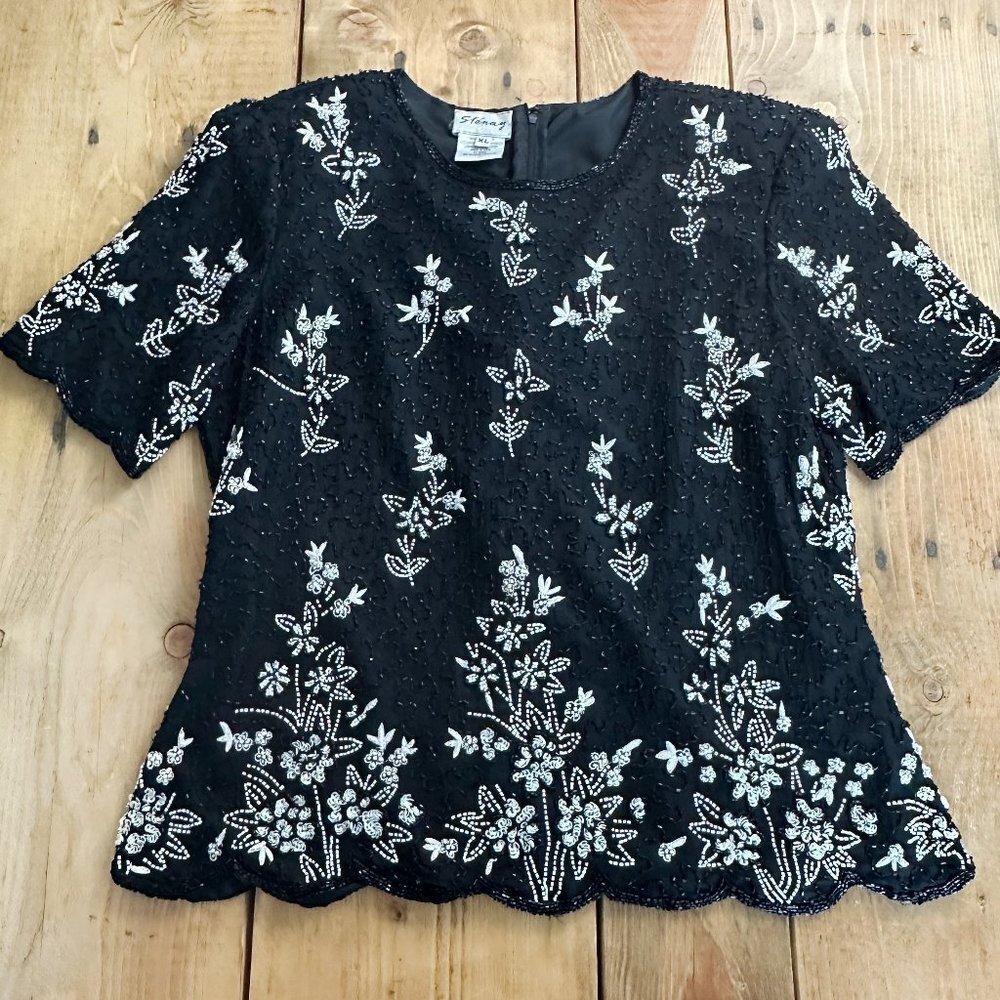 Vintage Stenay Beaded Top Formal Silk‎ Beads XL Black White Floral